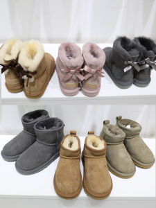 Australian Fur Integrated Matching Wool Boots Winter Classic One Button Bows Childrens Snow Boots Female