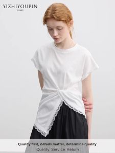 Lace Insert Regular Shoulder Short Sleeve T-Shirt