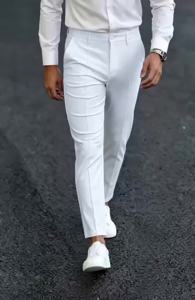 Men Vertical Seam Tapered Cropped Dress Pants 100% Polyester Slim Fit Solid White Ankle-Length Business Casual Trousers