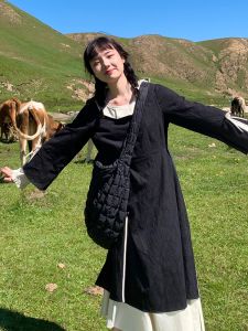 Romantic Japanese Style Dress Hey Shan Nai Nai Spring Summer Autumn Vintage Travel Outerwear Womens High Waist A-Line Skirt Long Sleeve round Neck Dress