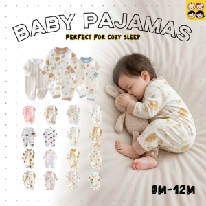 0m-12m Full Cover Baby Pajamas 100% Cotton Middle Button Long Sleeve Aircon Wear One Piece Jumpsuit Baby Clothing Newborn Baby Boy Baju Baby Girl