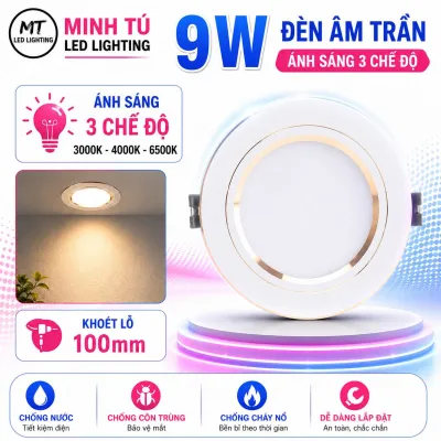 Đèn LED Âm Trần 9W 3 Chế Độ Đổi Màu Viền Bạc/Viền Vàng - Khoét Lỗ 100mm - Đèn Downlight Siêu Sáng Tiết Kiệm Điện