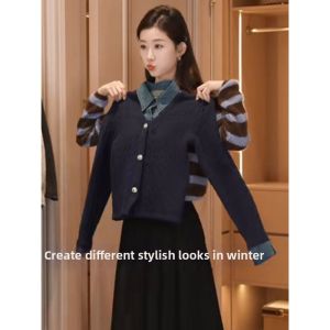 Stylish Elegance False Two-Piece Jeans Knit Shirt