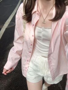 Áo Sơ Mi Voan Kẻ Sọc Màu Hồng Cho Nữ Dáng Rộng Mỏng Chống Nắng Dài Tay Cổ Polo Thường Ngày Mùa Thu Phong Cách Hàn Quốc