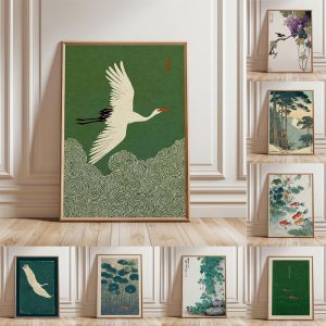 FramelessMisty Japanese CraneJapanese Style Art Canvas PaintingAnimal Poster PrintingLiving Room Bedroom Wall Art Decoration