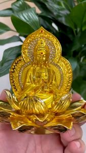 Tượng Phật bà Quan Thế Âm ĐÍNH ĐÁ- Đế HOA SEN MỞ đặt taplo ô tô xe hơi PKN-160- LOẠI CAO CẤP NHẤT