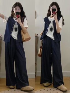 Bộ Đồ Ba Mảnh Thường Ngày Cỡ Lớn Mùa Hè 2025 Bộ Đồ Nữ Vest Áo Trên Cùng Che Phủ Quần Ống Rộng Làm Thon Gọn