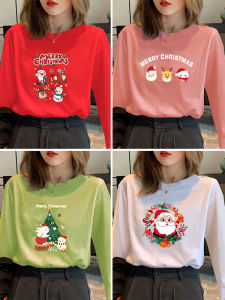 Áo Thun Tay Dài Màu Đỏ Noel Dáng Rộng Cổ Tròn Cỡ Lớn Cho Nữ Merry Christmas Red T-shirt Chất Liệu Polyester Mùa Đông Thường Ngày