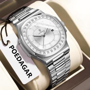 POEDAGAR Luxury Brand Square Male Watch Waterproof Luminous Date Quartz Mens Watches Stainless Steel Fashion Business Men Watch