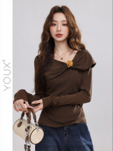 YOUXIANG | Áo Thun Nơ Nâu Phối Lớp Thu Đông