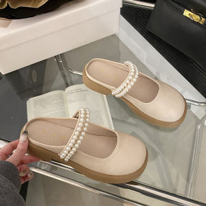 IELGY Womens Wear 2024 Versatile Pearl Casual Flat Slip-on Shoes Toe Semi-Drag