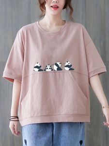 Cute Panda Pure Cotton Short Sleeve Womens Loose Fit Casual Top with Big Pockets Versatile Simple Design Summer T-Shirt