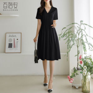 BAILUOANN | Bailuan V-neck Midi Dress Womens Summer New French Pleated A-line Skirt Elegant Commute Short Sleeve Midi Dress