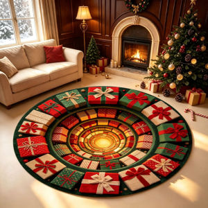 VIKAMA Christmas Round Rug 3D Optical Illusion Train Gift Box Pattern for Home Xmas Holiday Living Room Decorative Floor Mat