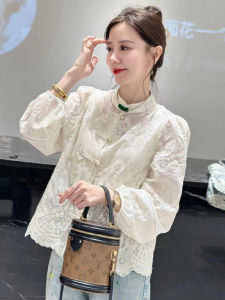 French Style Embroidered Lace Button Womens Shirt Bubble Sleeve Sweet Youthful Top Loose Fit Long Sleeve Stand Collar
