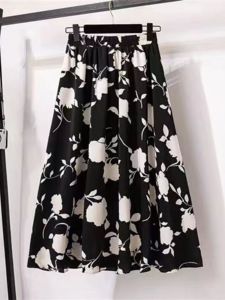 Spring Summer 2025 Floral Print A-Line Midi Skirt Womens High Waist Slimming Half-length Umbrella Skirt Large Hemline