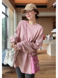 YUEZHONGWEI | Pink Round Neck Long Sleeve T-Shirt Slim Loose Mid-Length Top