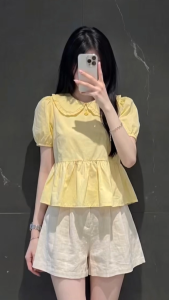 Áo babydoll lá cổ sen dáng ngắn Áo kiểu nữ tay phồng cổ bèo Lucky Clothing 596