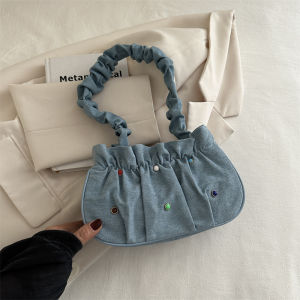 Retro Denim Shoulder Bag for Girls Cute Folded Handbag Underarm Fashionable Summer 2024 Polyester Lining Zipper Closure