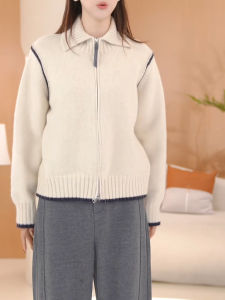 QINGNAER | Zip Closure Stand Collar Versatile Knit Cardigan Sweater White