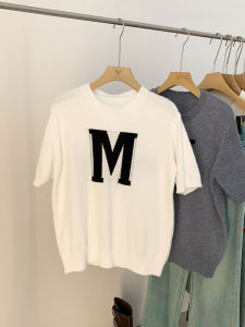 AMILUCK | Fashionable Embroidered Letter Short Sleeve Knitted Top Womens Spring New Round Neck Pullover Short T-Shirt Base Layer