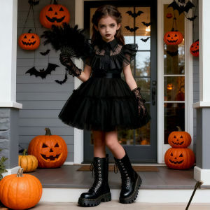 ชุดแฟนซีเด็กผู้หญิงสำหรับงานฮาโลวีน คอตุ๊กตา น่ารัก สไตล์โกธิคสีดำ สำหรับงานพรอม งานวันเกิด งานคอสเพลย์วันพุธ