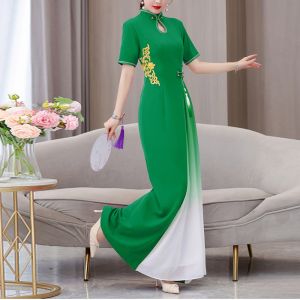 Authentic Long Cheongsam Dress for Stage Performance Elegant Young Womens Fashion Show Gown High-End Traditional Chinese Costume