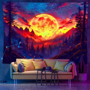 VIKAMA Neon Núi Sunrise Tấm Thảm Treo Tường Nhiều Màu Sắc Phong Cảnh Rừng Trang Trí Nhà Nhẹ Mềm Mại Polyester Bền Đẹp Thẩm Mỹ Quà Tặng