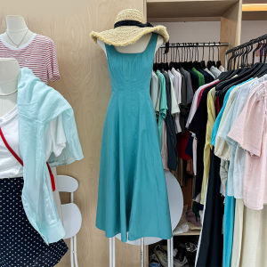 Váy Vest Không Tay Cổ Vuông Màu Xanh Mùa Hè Dài Đến Giữa Chân Váy Chữ a Gợi Cảm Cho Nữ Váy Vest Mùa Hè 2024