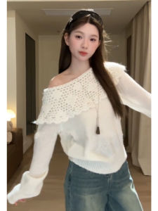 YUEZHONGWEI | Elegant French Lace Hollow Out Off Shoulder Knit Sweater
