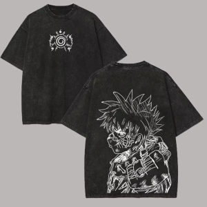 Bandai | Naruto Uzumaki T Shirt Men Acid Wash Back Print Sketch Anime Graphic Cotton Streetwear Manga Seal Vintage Bootleg Tee