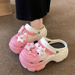 Dopamine Thick Heel Sandals Women Summer Outdoor Anti-Slip Heightening Fairy Style Beach Two-Way Wear Headed Half Slippers Ladies