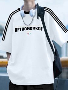 เสื้อยืดแขนสั้นผ้าฝ้ายแท้สีขาว 3 แถบ สไตล์ฮิปฮอป ลำลอง สำหรับผู้ชาย ฤดูร้อน 2024 เสื้อยืดหลวมๆ ลำลอง ทรงหลวม คอกลม