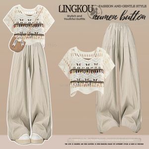 NUMEN BUTTON | Large Size Womens Bohemian Knitted Hollow-out Tunic Camisole Loose Casual Pants Set