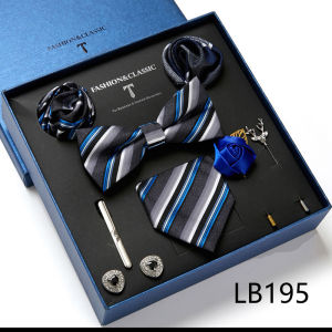 High Quality Holiday Gift Box 7.5 cm Blue Floral Tie Hanky Pocket Squares Cufflink Clip Set Necktie For Man Birthday Present
