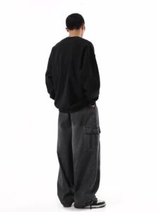 Casual Baggy Pants Wide Leg Loose Elephant Pants for Men American Retro Cargo Pants Black Denim Jeans