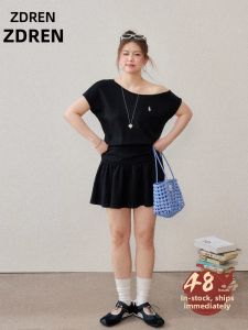 ZHANGDAREN | Đầm Dáng Suông Quai Ngang Màu Đen