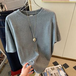 Áo Thun Cotton Dày Màu Xám Bạc Màu Tay Ngắn Cho Nữ Thời Trang Đa Năng Cổ Tròn in Họa Tiết Mùa Thu Đông