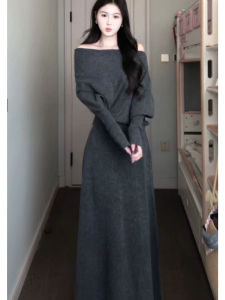 YUEZHONGWEI | Attractive Chic Shoulder-Exposed Knitted Sweater and Skirt Set