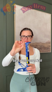 Blue Caulking Gun for Construction Supplies Trading. Key attributes: blue color metal nozzle ergonomic handle cylindrical body brand logo. Fit/use: for applying sealants. Scene: construction site.
