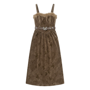 Vintage Brown Silk Velvet Glowing Style Strap Mini Dress