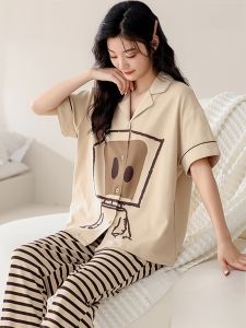 miiow | Pure Cotton Sleepwear Set Womens Summer Thin Casual Loose Cardigan Short Sleeve Long Pants Home Clothes MiiOW Cat Person