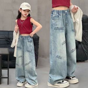Girls pants new style straight jeans embroidery girls casual wide leg pants