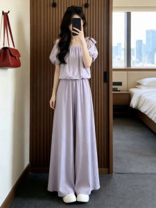 LIRUSHAN | Summer Relaxed Purple Off-shoulder Top and Wide Leg Pants Set