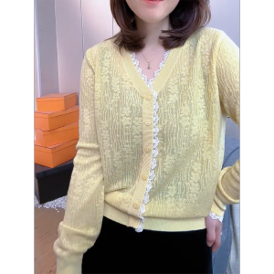 QINGNAER | European Lace Edge Embroidered V-Neck Oversized Stylish Casual Youthful Womens Knitted Cardigan