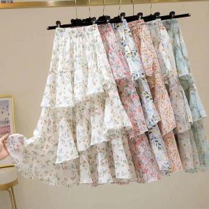 Summer Floral Print Ruffles Midi Chiffon Skirt Elegant Korean High Waist Pleated Long Skirt Casual Beach Party Maxi Cake Skirts