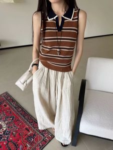 YUEZHONGWEI | Áo Thun Polo cổ không tay sọc đối lập dáng slim fit