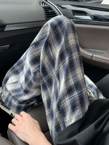 Quần Ống Rộng Thể Thao Mùa Thu Đông Màu Xanh Lam Kẻ Sọc Cạp Cao Cho Nữ Quần Ống Đứng Rộng Rãi Thoải Mái