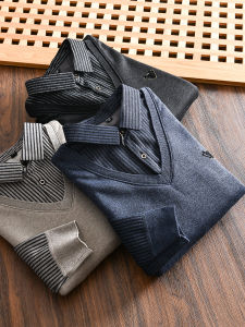 Mens Fashion Business Knitted Sweater Shirt Collar Fleece Lined Thickened Autumn Winter Solid Color Casual Straight Fit Youth Popular