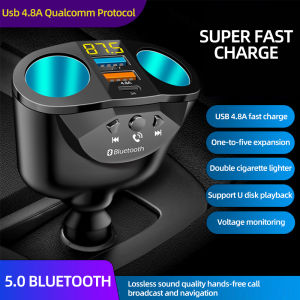 KEBIDU 90W QC3.0 4.8A Fast Charge Dual USB Type C 12V 24V Car Charger Bluetooth 5.0 FM Transmitter Music Player Adapter One Drag Three Lighter with Two Conversion Plug